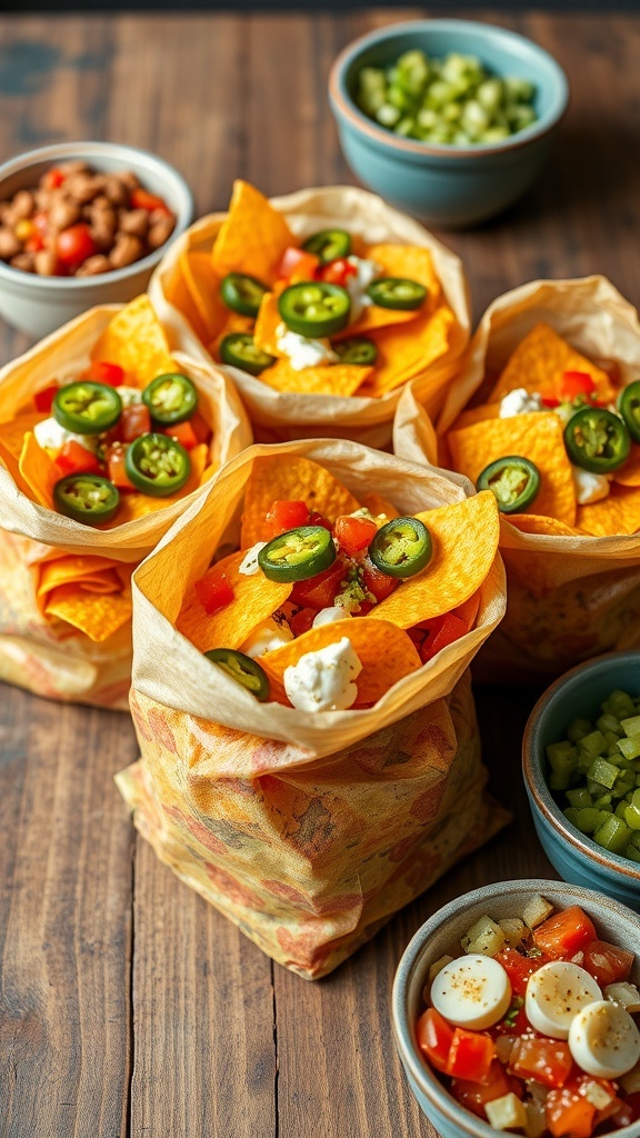 Individual bags of nachos filled with cheese, jalapeños, and toppings on a wooden table.